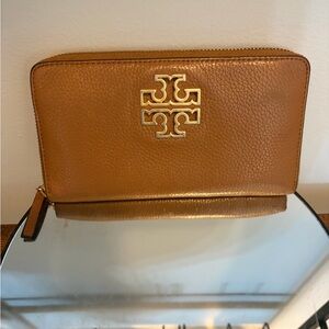 Tory Burch Metallic Gold and Tan Zip Wallet